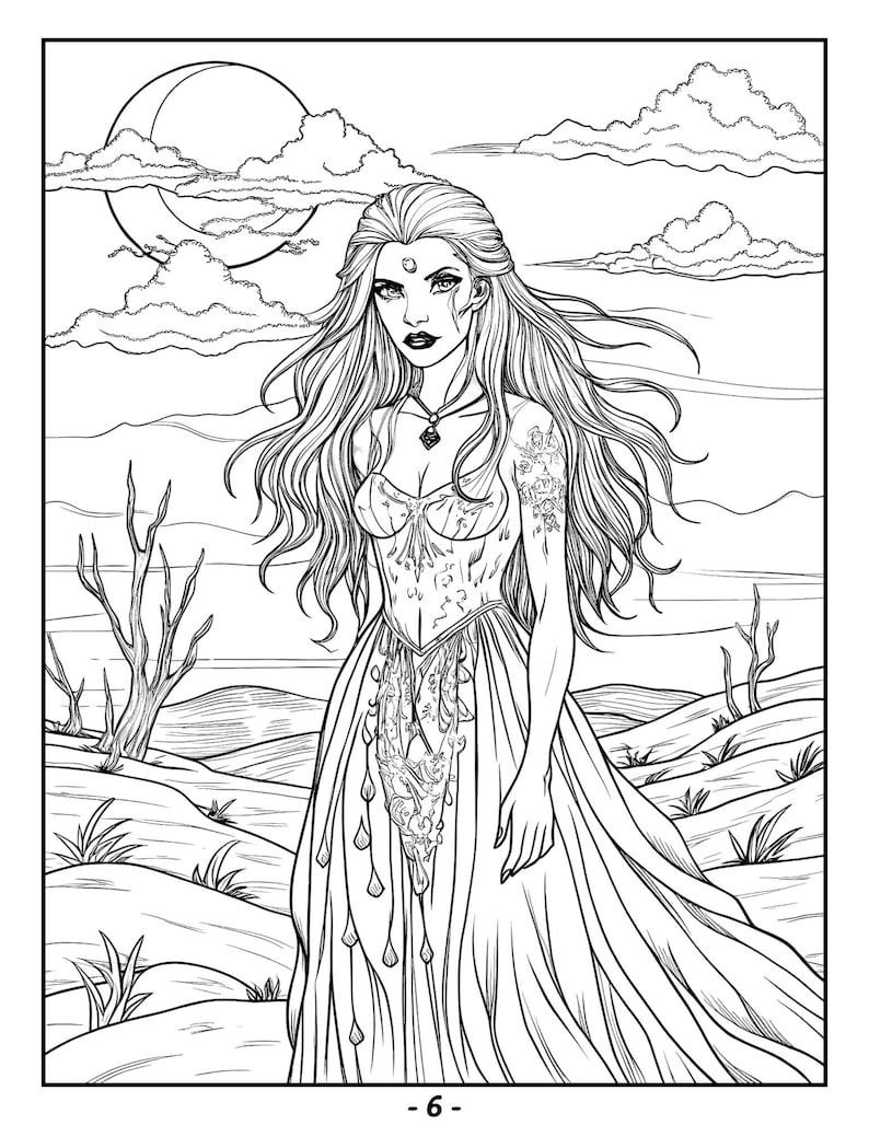 May include: A black and white line drawing of a woman with long flowing hair standing in a desert landscape. She is wearing a long dress with intricate details and a necklace. The moon is visible in the sky.