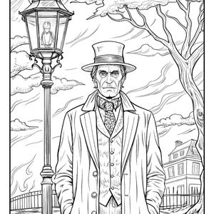 May include: A black and white illustration of a man in a top hat and coat standing in front of a street lamp. The man is looking straight ahead with a serious expression. There is a house in the background.