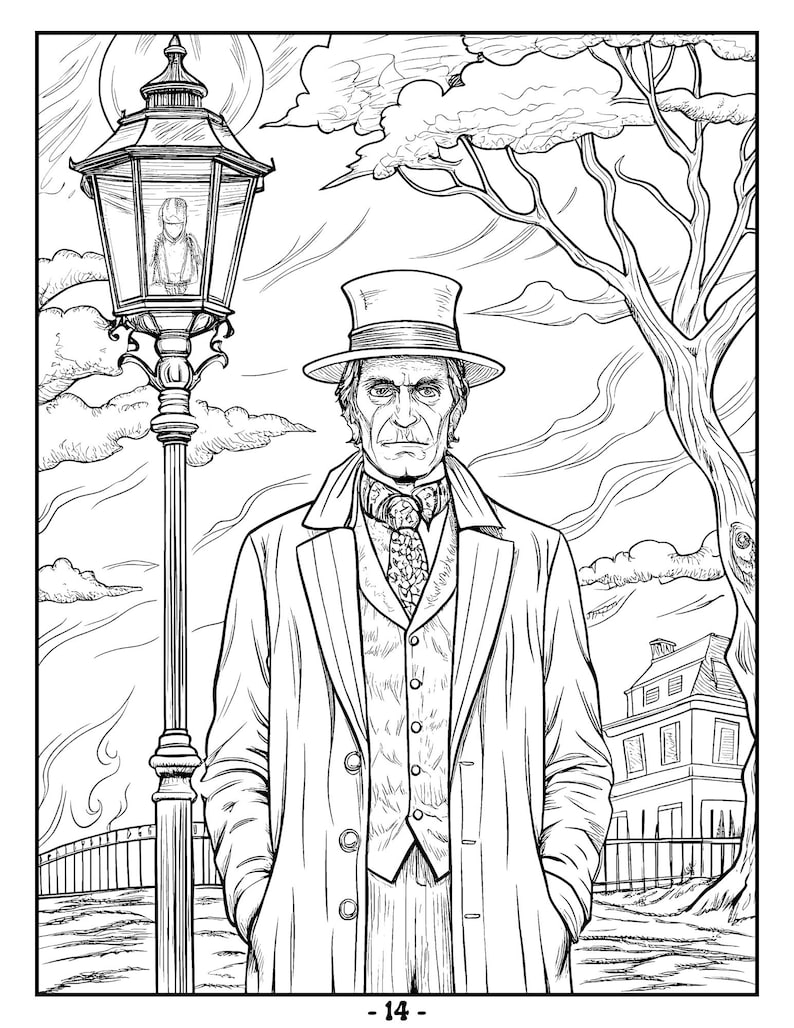 May include: A black and white illustration of a man in a top hat and coat standing in front of a street lamp. The man is looking straight ahead with a serious expression. There is a house in the background.
