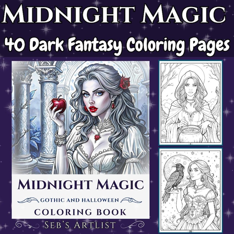 May include: A coloring book cover featuring a black and white illustration of a woman with long hair holding an apple. The cover text reads "Midnight Magic Gothic and Halloween Coloring Book Seb's Artlist".