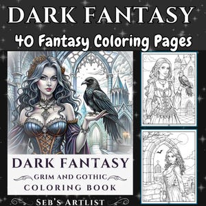 May include: A colouring book cover featuring a dark fantasy illustration of a woman with long black hair holding a raven. The cover text reads "Dark Fantasy Grim and Gothic Colouring Book" and "Seb's Artlist".