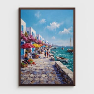 May include: An oil painting depicting a stone waterfront promenade with white buildings, vibrant pink bougainvillea, and colorful market umbrellas. People sit near crates of produce beside a turquoise sea with several small wooden boats.