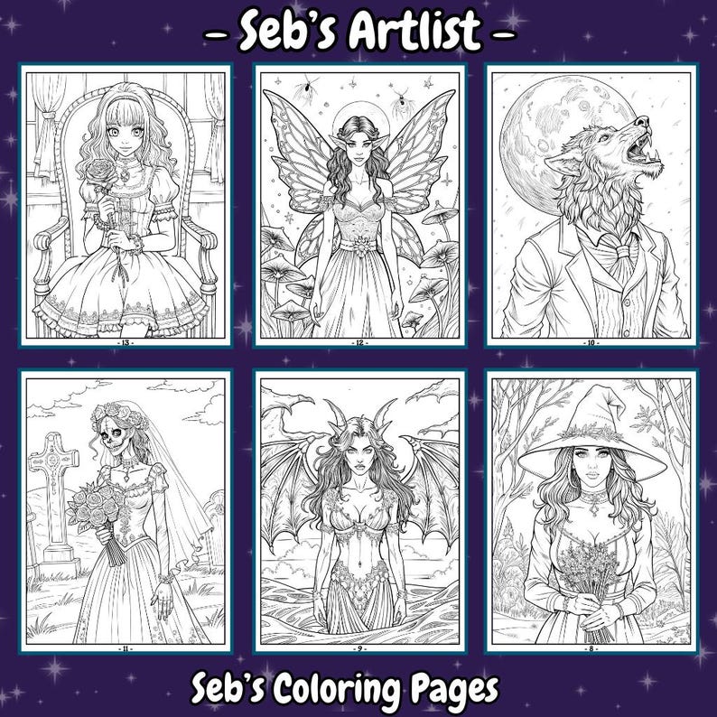 May include: A set of six black and white coloring pages featuring various fantasy characters. The characters include a fairy, a wolf, a bride, a demon, a witch, and a girl with a rose.