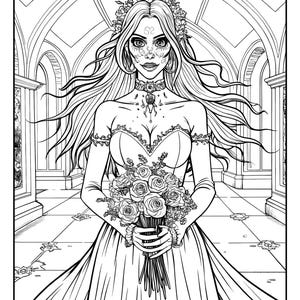 May include: A black and white line drawing of a woman in a wedding dress holding a bouquet of flowers. She is wearing a crown of flowers and has a skull-like makeup design on her face. The background is a gothic cathedral.