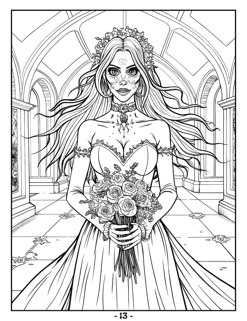 May include: A black and white line drawing of a woman in a wedding dress holding a bouquet of flowers. She is wearing a crown of flowers and has a skull-like makeup design on her face. The background is a gothic cathedral.