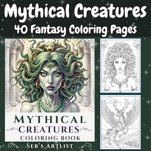 Puede incluir: Una portada de libro para colorear con una criatura mítica con serpientes verdes como cabello, un collar verde y dorado y una corona. El título del libro es "Mythical Creatures Coloring Book" de "Seb's Artlist".