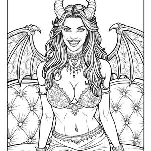 May include: A black and white line drawing of a woman with horns and wings, wearing a lacy bra and skirt, sitting on a couch. She is smiling and has a mischievous expression on her face.
