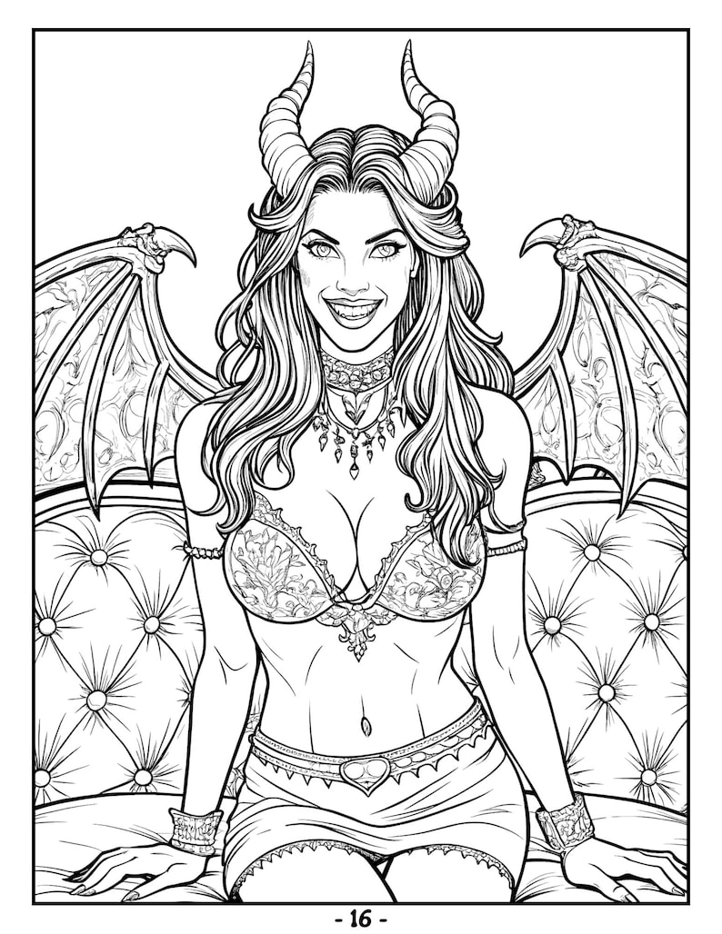 May include: A black and white line drawing of a woman with horns and wings, wearing a lacy bra and skirt, sitting on a couch. She is smiling and has a mischievous expression on her face.