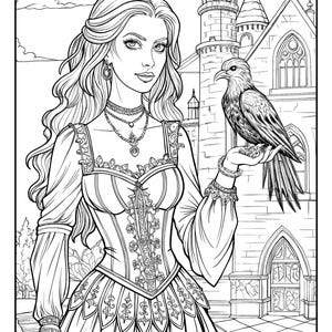 May include: A black and white line drawing of a woman in a medieval dress holding a bird. She is standing in front of a castle with a pointed roof and arched windows. The woman has long flowing hair and is wearing a necklace and earrings.