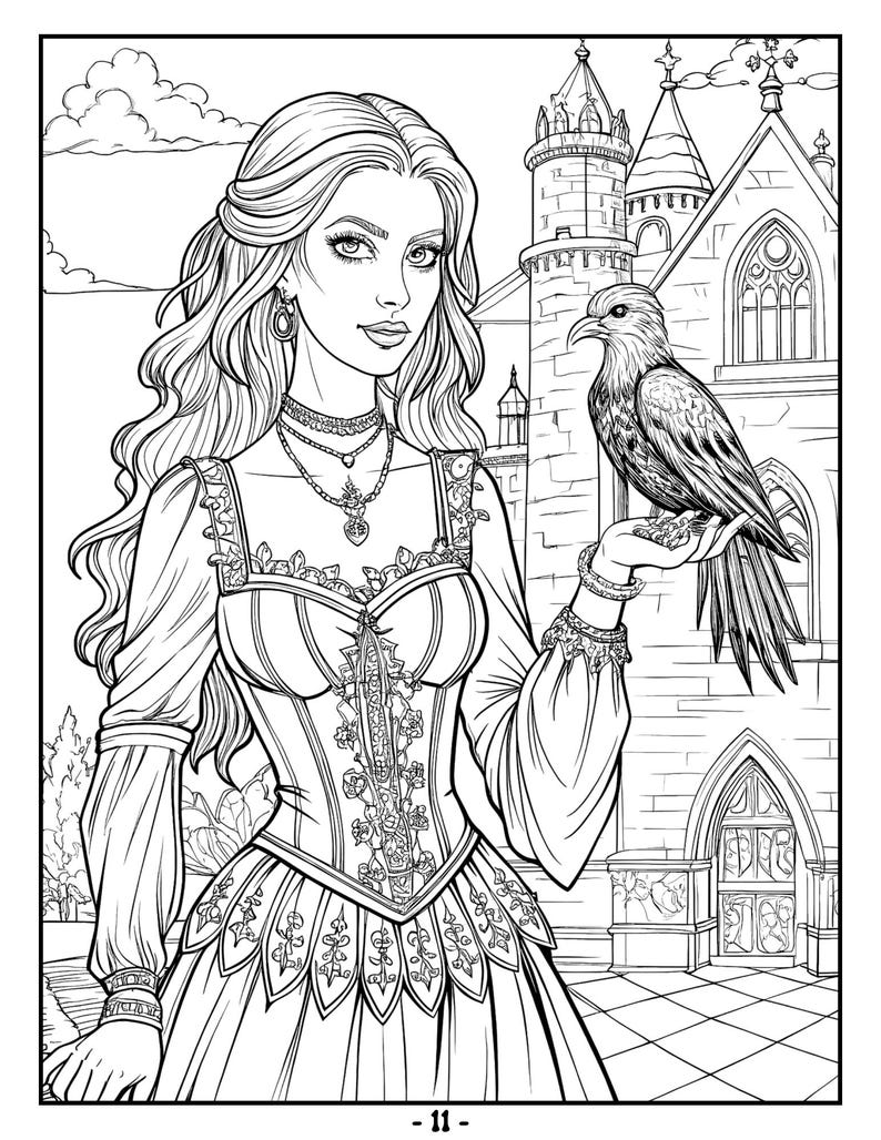 May include: A black and white line drawing of a woman in a medieval dress holding a bird. She is standing in front of a castle with a pointed roof and arched windows. The woman has long flowing hair and is wearing a necklace and earrings.