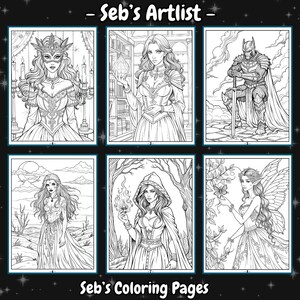 May include: A set of six black and white coloring pages featuring various characters. The characters include a woman with a mask, a woman with a crown, a knight, a woman with a hood, a woman with wings, and a woman with a crown. The coloring pages are titled "Seb's Artist" and "Seb's Coloring Pages".