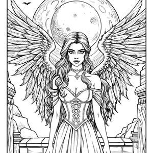 May include: A black and white line drawing of an angel with large wings standing in front of a full moon. The angel is wearing a long dress and has long flowing hair. The angel is standing on a brick wall with a stone archway behind her.