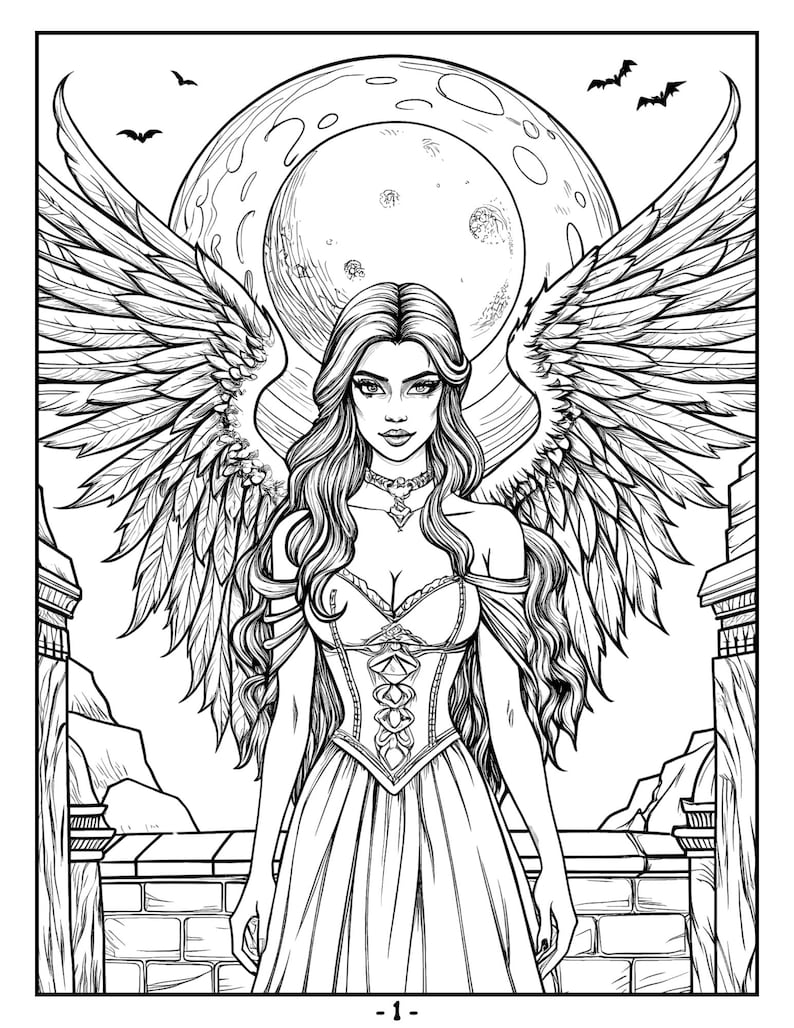 May include: A black and white line drawing of an angel with large wings standing in front of a full moon. The angel is wearing a long dress and has long flowing hair. The angel is standing on a brick wall with a stone archway behind her.