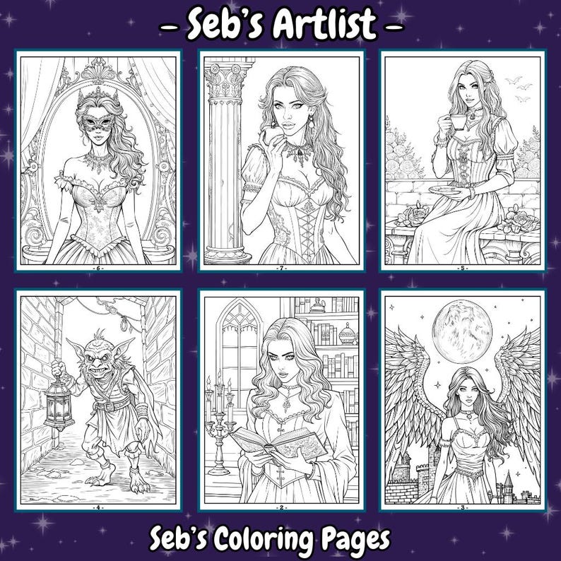 May include: Six black and white coloring pages featuring fantasy characters. The first page shows a woman with a crown and a mask. The second page shows a woman with long hair and a corset. The third page shows a woman with long hair and a dress. The fourth page shows a goblin holding a lantern. The fifth page shows a woman with long hair reading a book. The sixth page shows a woman with wings and a dress.