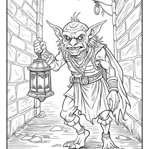 May include: A black and white line drawing of a goblin holding a lantern. The goblin is wearing a tunic and pants. The goblin is walking down a narrow alleyway.