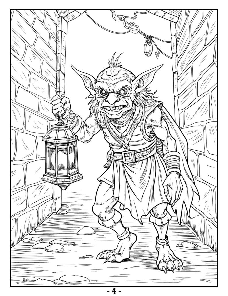 May include: A black and white line drawing of a goblin holding a lantern. The goblin is wearing a tunic and pants. The goblin is walking down a narrow alleyway.