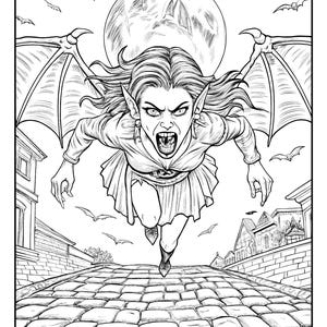 May include: A black and white illustration of a woman with bat wings flying over a cobblestone street. The woman has long hair, pointed ears, and a fierce expression. The moon is visible in the background.