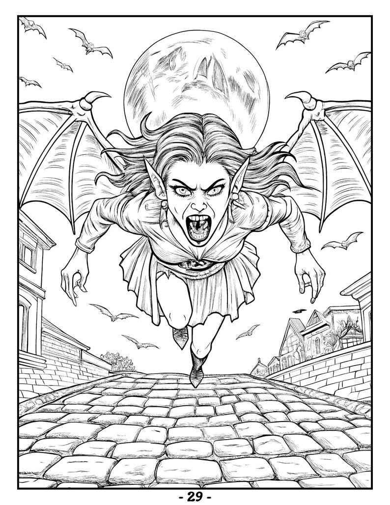 May include: A black and white illustration of a woman with bat wings flying over a cobblestone street. The woman has long hair, pointed ears, and a fierce expression. The moon is visible in the background.