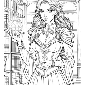 May include: A black and white line drawing of a woman in a long dress and a cloak, holding a crystal orb. She is standing in a library with bookshelves behind her.