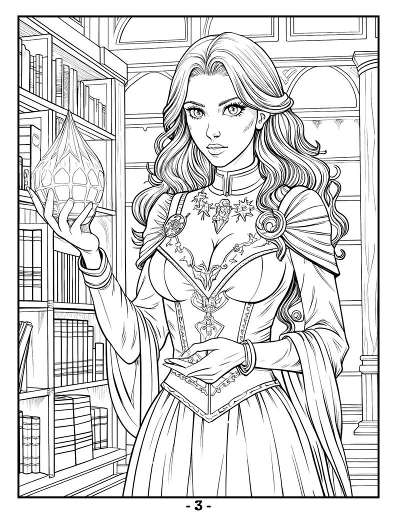 May include: A black and white line drawing of a woman in a long dress and a cloak, holding a crystal orb. She is standing in a library with bookshelves behind her.