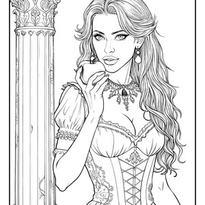 May include: A black and white line drawing of a woman with long hair, wearing a corset and holding an apple. She is standing next to a pillar with ornate details.