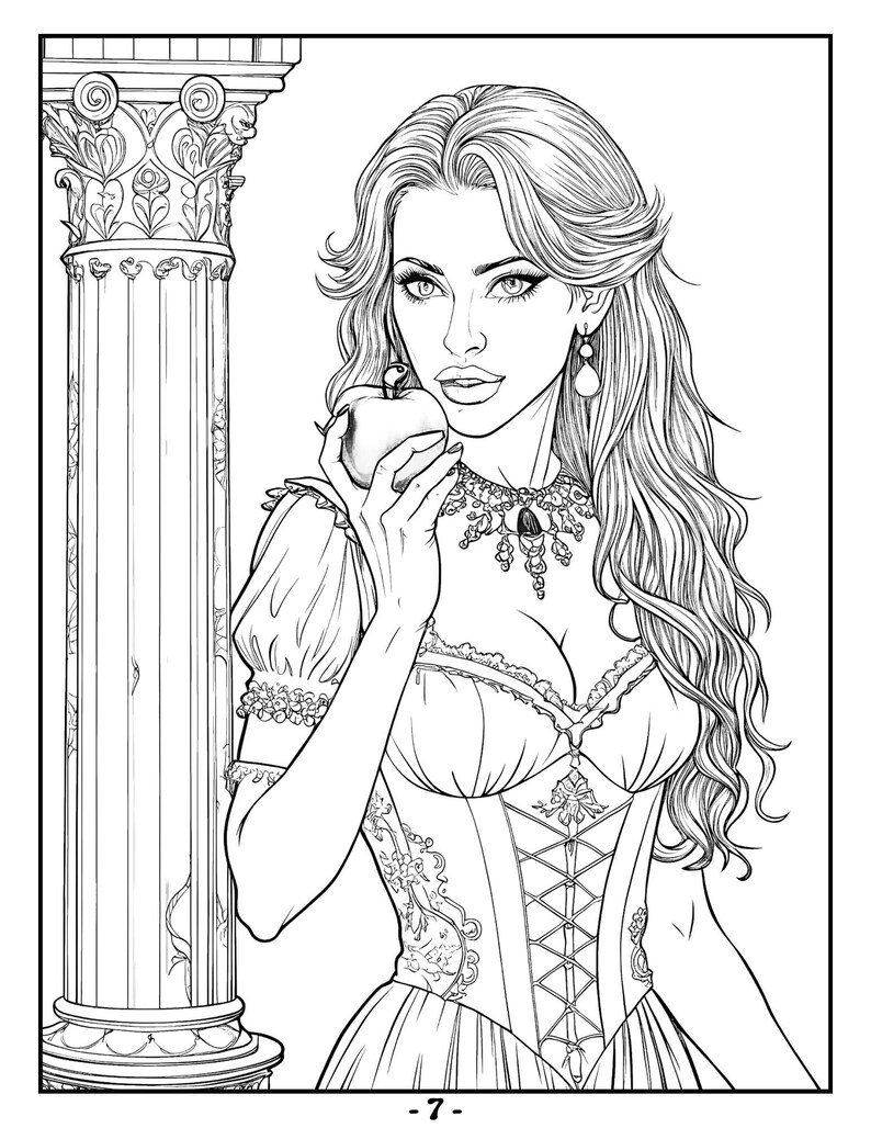May include: A black and white line drawing of a woman with long hair, wearing a corset and holding an apple. She is standing next to a pillar with ornate details.