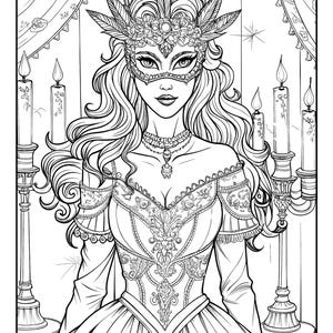 May include: A black and white line drawing of a woman wearing a masquerade mask and a gown with intricate details. She is standing in front of two ornate candelabras with lit candles.
