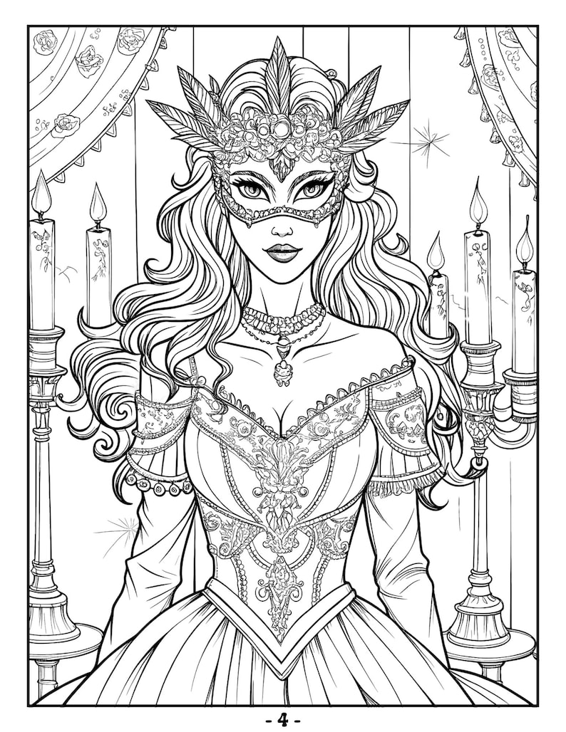 May include: A black and white line drawing of a woman wearing a masquerade mask and a gown with intricate details. She is standing in front of two ornate candelabras with lit candles.