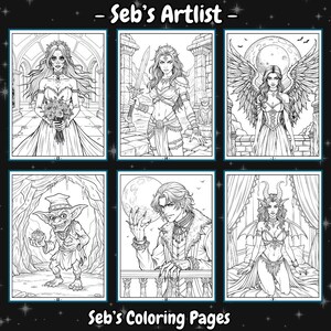 May include: Six black and white coloring pages featuring various fantasy characters. The characters include a woman with wings, a woman with a sword, a woman in a wedding dress, a goblin, a man with a cape, and a woman with horns.