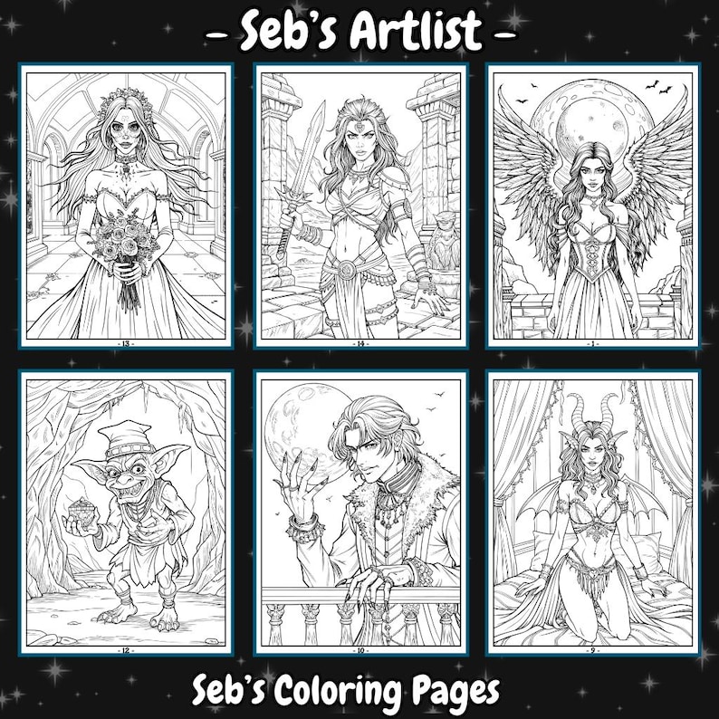 May include: Six black and white coloring pages featuring various fantasy characters. The characters include a woman with wings, a woman with a sword, a woman in a wedding dress, a goblin, a man with a cape, and a woman with horns.