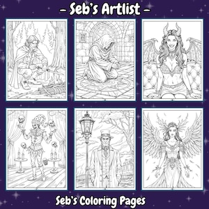 May include: A set of six black and white coloring pages featuring various characters and scenes. The pages include a hooded figure kneeling in a circle, a woman with wings and horns, a jester holding skulls, a man in a top hat, and a woman with wings and a crown.