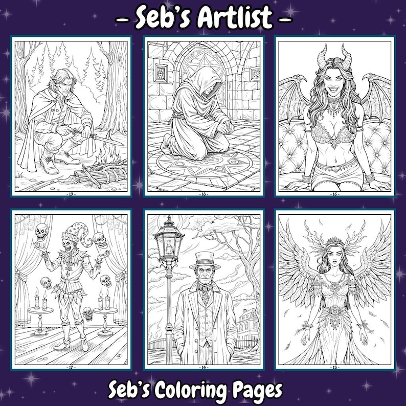 May include: A set of six black and white coloring pages featuring various characters and scenes. The pages include a hooded figure kneeling in a circle, a woman with wings and horns, a jester holding skulls, a man in a top hat, and a woman with wings and a crown.