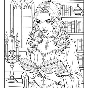 May include: A black and white line drawing of a woman with long hair reading a book in a library setting. She is wearing a long dress with a lace bodice and a necklace with a pendant. There are candlesticks with lit candles on a table to the left of the woman. A bookshelf is to the right of the woman, filled with books.