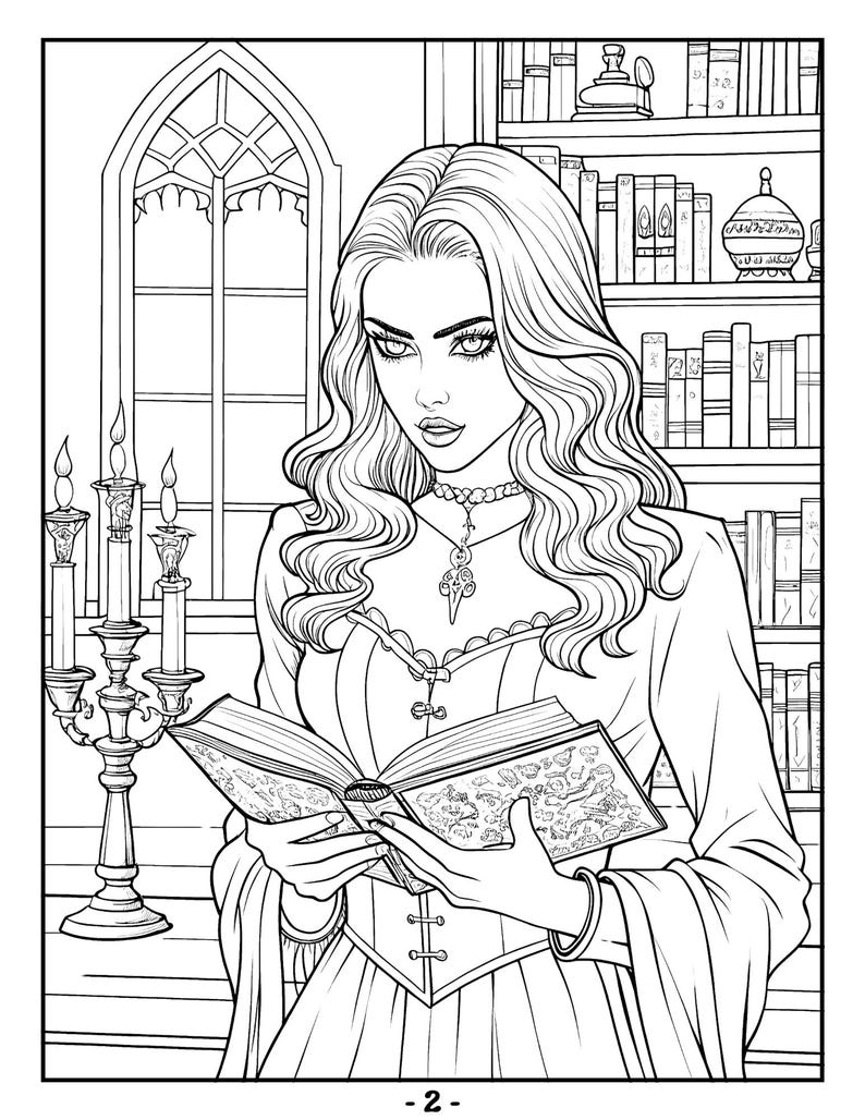 May include: A black and white line drawing of a woman with long hair reading a book in a library setting. She is wearing a long dress with a lace bodice and a necklace with a pendant. There are candlesticks with lit candles on a table to the left of the woman. A bookshelf is to the right of the woman, filled with books.