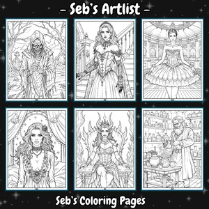May include: A set of six black and white coloring pages featuring various characters and scenes. The pages include a grim reaper, a woman in a gown, a woman in a tutu, a woman with horns, and a man with a beard.