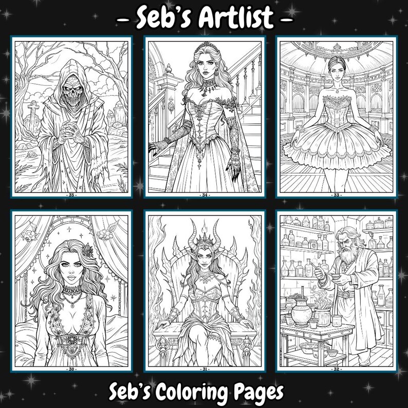 May include: A set of six black and white coloring pages featuring various characters and scenes. The pages include a grim reaper, a woman in a gown, a woman in a tutu, a woman with horns, and a man with a beard.