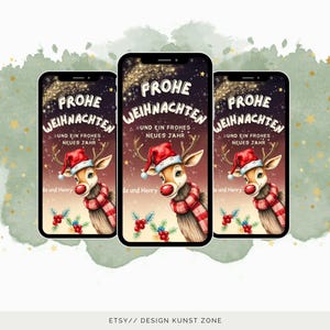 eCard Digitaler Weihnachtsgruß | Weihnachtsgrußkarte mit Rentier, Geschenken & Weihnachtsbaum | Perfekt für WhatsApp und E-Mail Versendung
