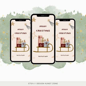 Digitale kerstwenskaart | eCard “Merry Christmas” met een slee vol cadeautjes | Perfect voor WhatsApp, e-mail en sociale media