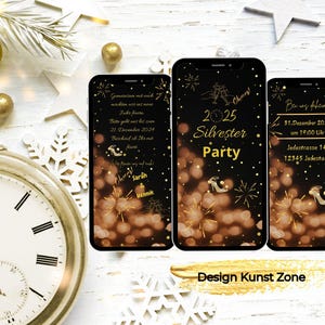 3-seitige Digitale Einladung zur Silvesterparty | eCard Einladung Party| Perfekt für WhatsApp und E-Mail | Feierlich und Modern| Neujahr
