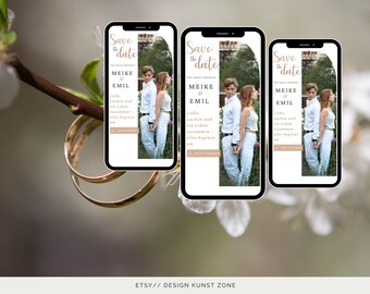 May include: Three mobile phone screens displaying a save the date announcement for a wedding. The announcement features a couple in a park setting with the text "Save the date" in a gold script font. The text "Meike & Emil" is in a black sans-serif font. The announcement also includes the date "12. September" in a brown sans-serif font.