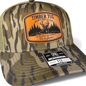Timber Tug Hunting Club, Camo Hunting Hat, Funny Deer Hunting Hat, Richardson 112 Trucker, Leather Patch Hat, Hunting Club Hat