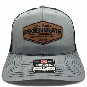 Blue Collar Workers Hat  Richardson 112 Trucker with Engraved Leather Patch Blue Collar Gift Idea Funny Hat