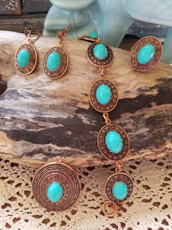 Vintage 70s Coppercraft Guild Set of Faux Turquoi… - image 7