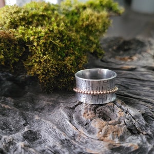 Sterling Silver Spinner Ring with Rose Gold - Fidget Ring - Anti Anxiety