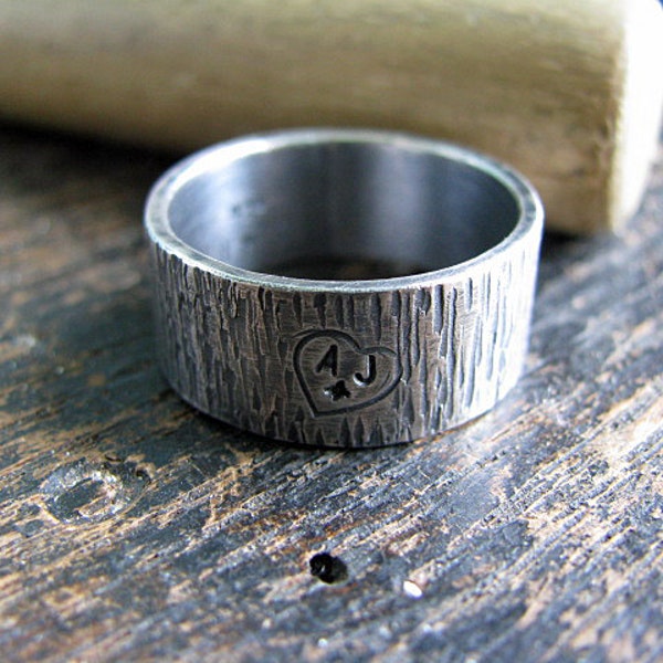 Men's Tree Bark Ring with Initials Anniversary Wedding