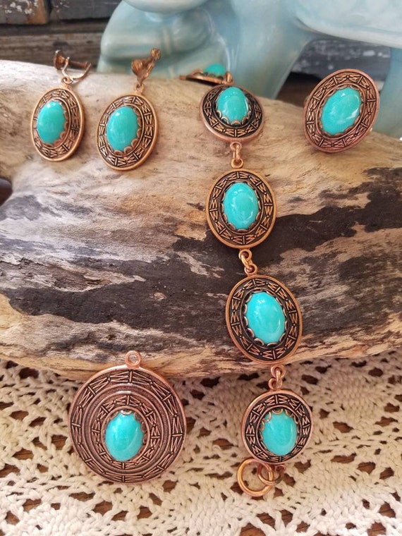 Vintage 70s Coppercraft Guild Set of Faux Turquoi… - image 1