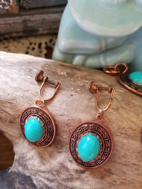 Vintage 70s Coppercraft Guild Set of Faux Turquoi… - image 9