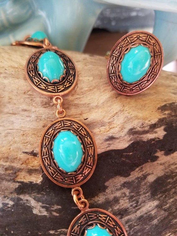 Vintage 70s Coppercraft Guild Set of Faux Turquoi… - image 2