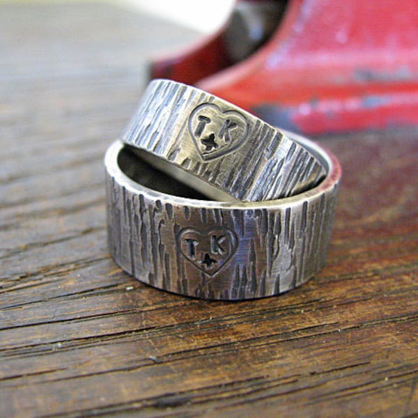 Heart on Tree Bark His and Hers Wedding Anniversary Commitment Set of Matching Bands