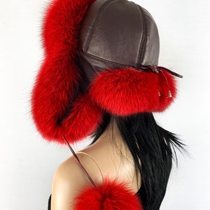 Red Fox Fur Trapper Hat: Leather Aviator Hat with PomPoms